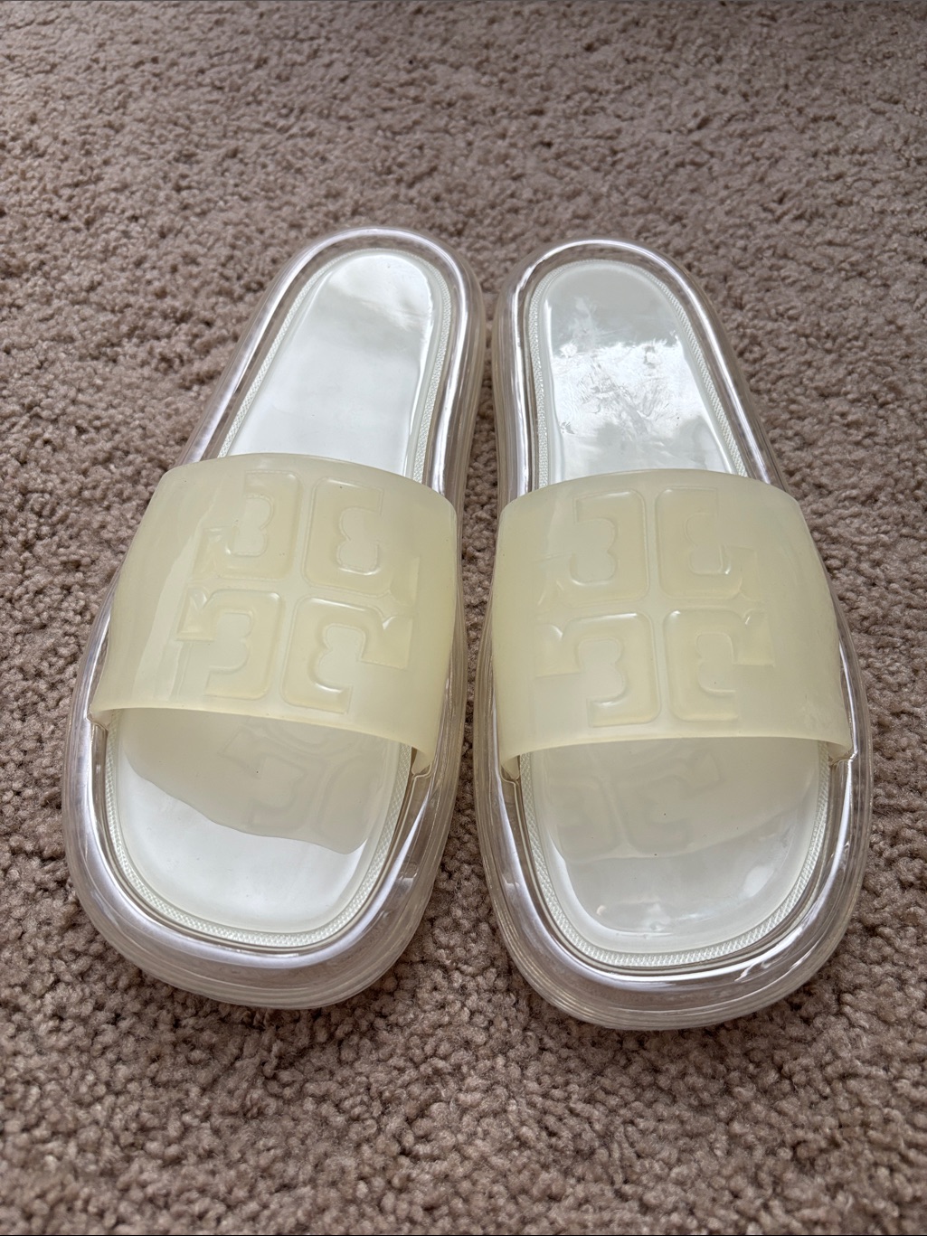 Tory Burch Cream Clear Jelly Logo Slide Sandals, Worn Once